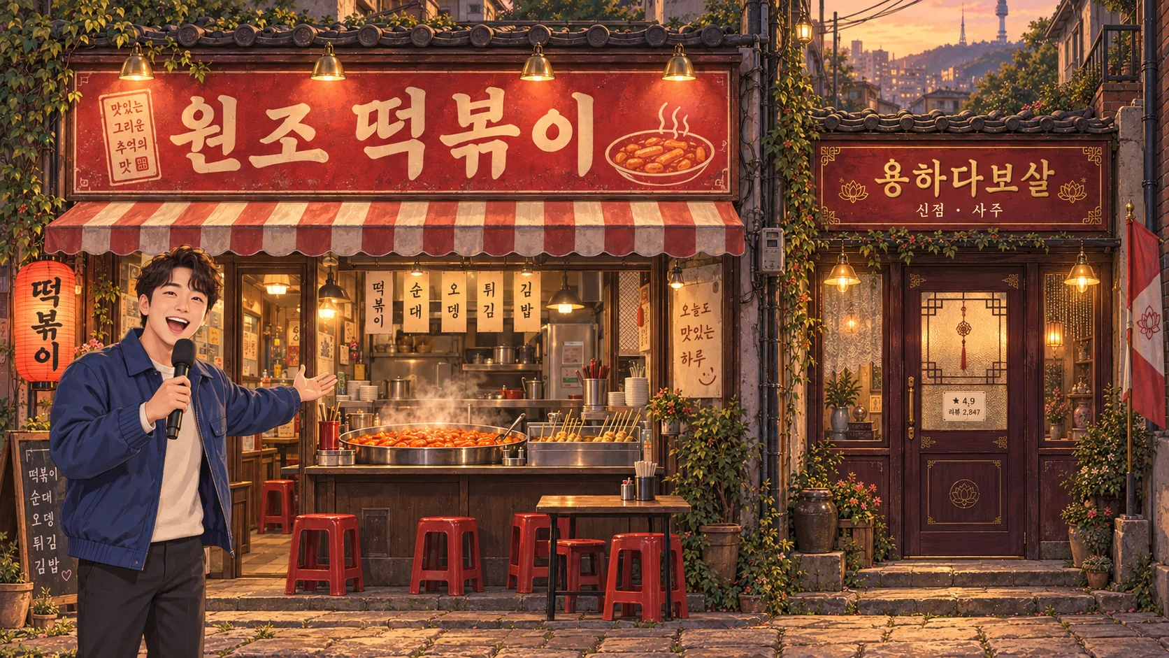 떡볶이집을 취재하는 리포터와 바로 옆에 함께 잡힌 용하다보살 점집
